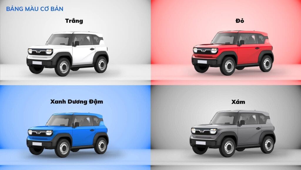 4 màu xe cơ bản của VinFast VF3, hiển thị các lựa chọn tiêu chuẩn