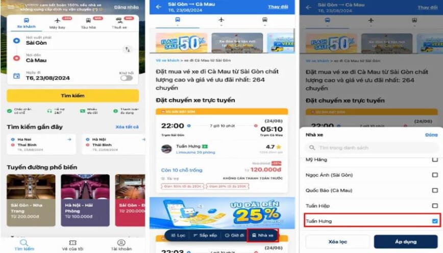 Giao diện đặt vé xe của nhà xe Tuấn Hưng Cà Mau