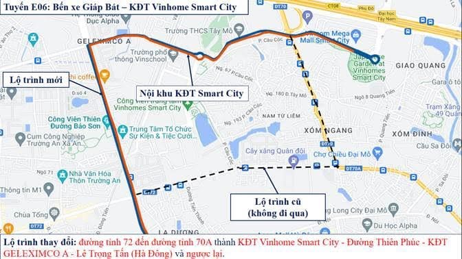 Bản đồ chi tiết điều chỉnh lộ trình xe bus E06 từ Bến xe Giáp Bát đến KĐT Smart City, minh họa các điểm dừng và tuyến đường mới qua Lê Trọng Tấn.