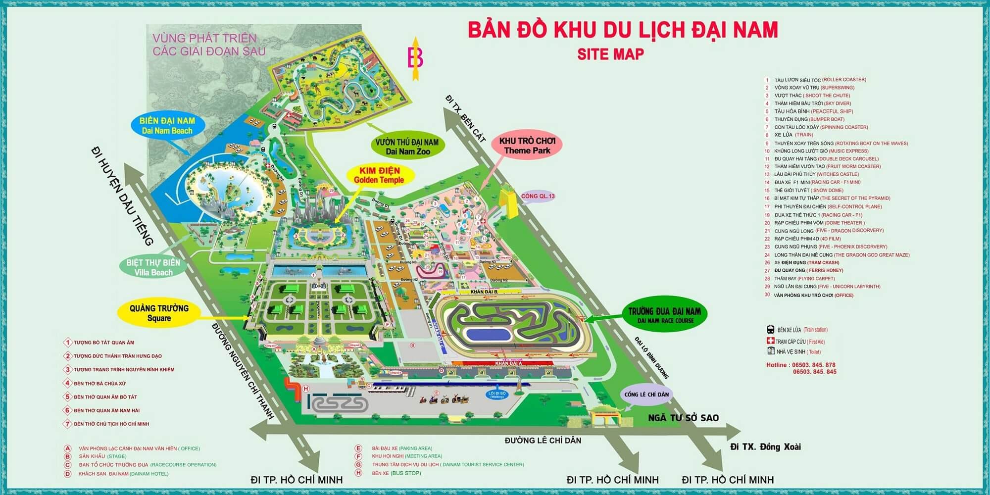 Bản đồ chi tiết khu du lịch Đại Nam, giúp khách tham quan dễ dàng định hướng và lựa chọn các điểm đến phù hợp với loại vé vào Đại Nam đã mua.