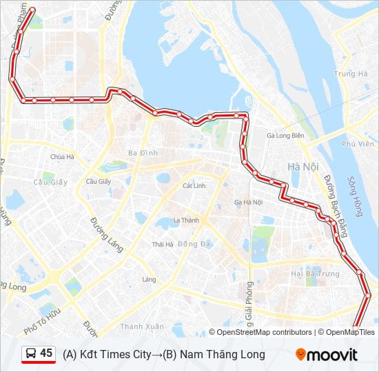 Bản đồ chi tiết lộ trình xe bus 45 Hà Nội mới nhất, hiển thị các điểm dừng chính và hướng di chuyển