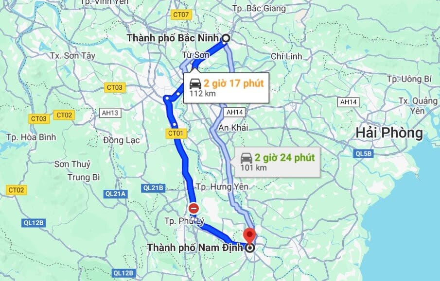 Bản đồ hiển thị quãng đường di chuyển của xe Bắc Ninh Nam Định trên Google Maps