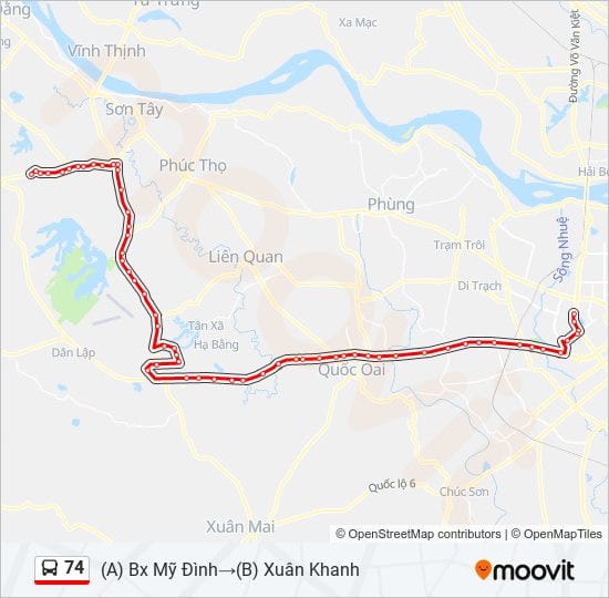 Bản đồ lộ trình và giờ hoạt động xe 74 từ Mỹ Đình đến Xuân Khanh