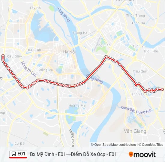 Bản đồ minh họa lộ trình xe E01 VinBus tại Hà Nội