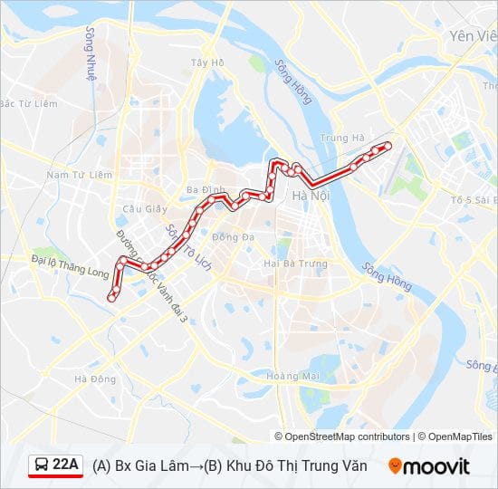 Bản đồ thể hiện rõ ràng lộ trình xe bus 22A Hà Nội đi qua các quận từ Gia Lâm đến Trung Văn