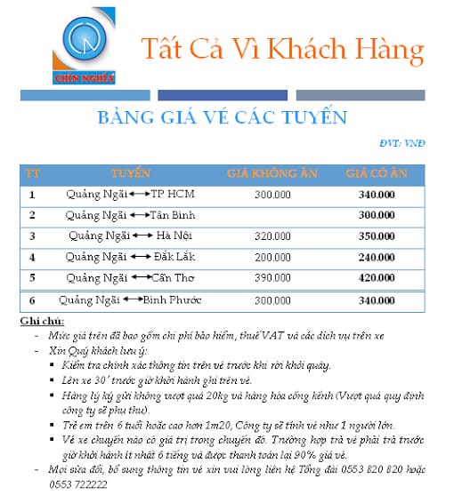 Bảng giá vé niêm yết theo tuyến