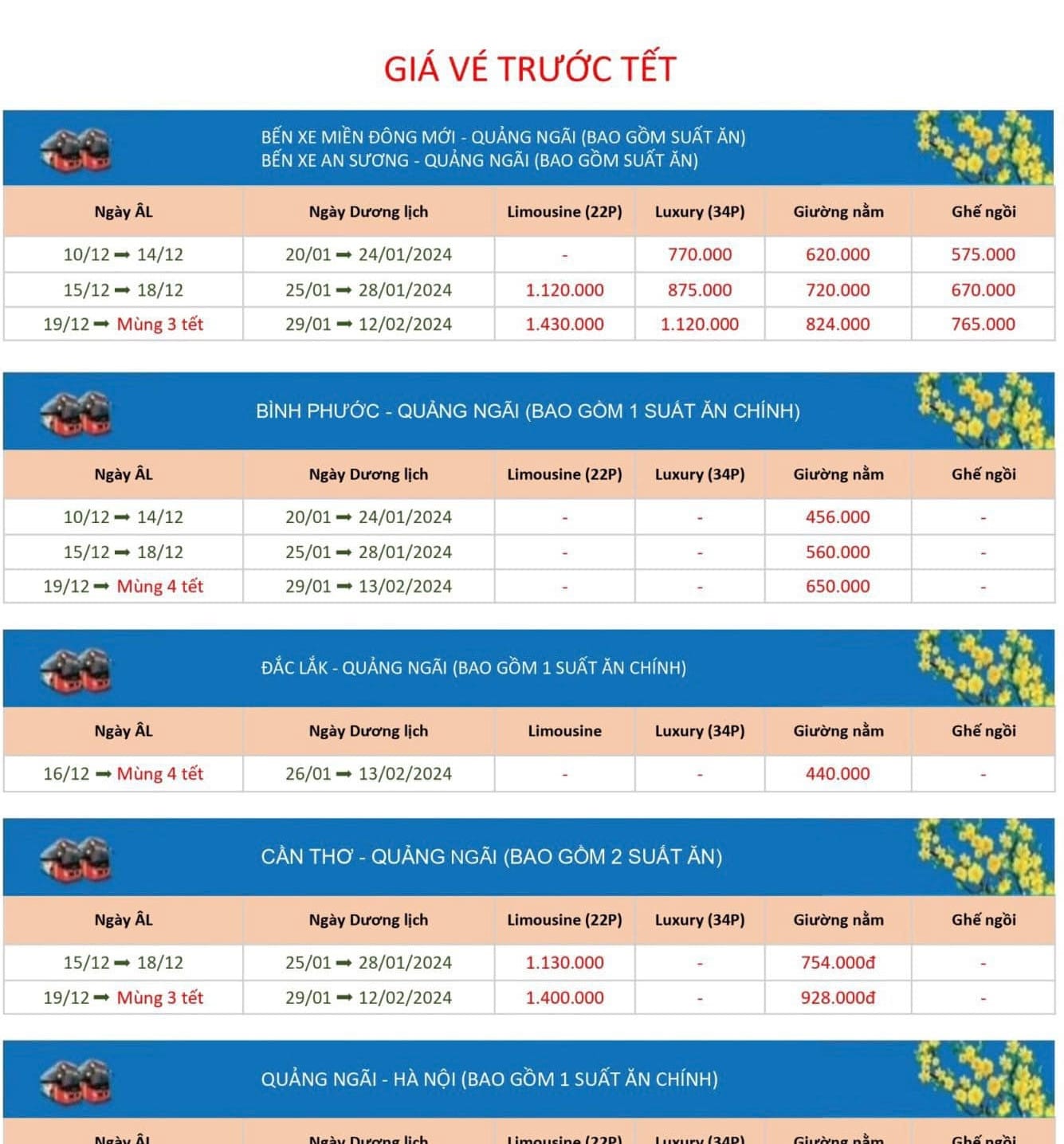 Bảng giá vé Tết của nhà xe Chín Nghĩa