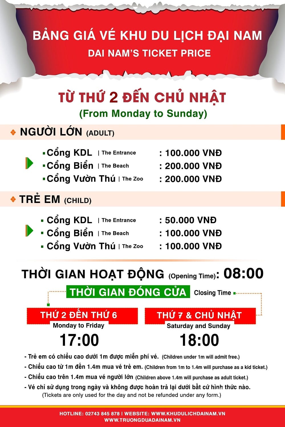 Bảng giá vé vào Đại Nam chi tiết, cập nhật mới nhất cho các khu vực và loại hình dịch vụ khác nhau, hỗ trợ du khách lên kế hoạch tài chính cho chuyến đi.