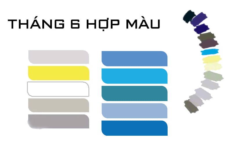 Bảng màu sắc may mắn cho người sinh tháng 6, bao gồm các tông màu hợp mệnh Khí và mệnh Thủy