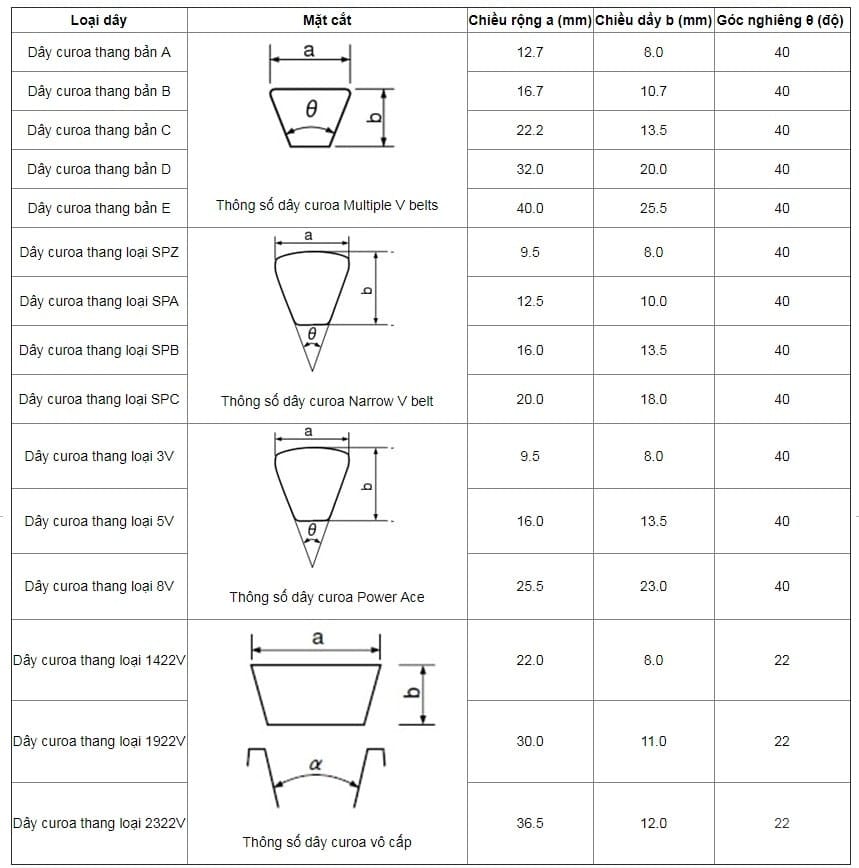 Bảng tra thông số kỹ thuật kích thước dây đai curoa thang