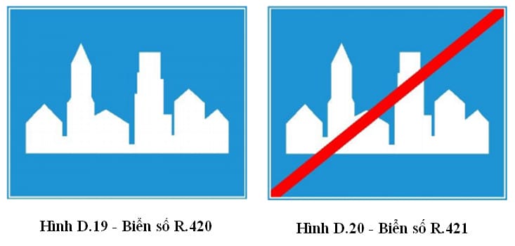 Biển báo hiệu lệnh R.420 bắt đầu khu đông dân cư, có chữ 'Bắt đầu khu đông dân cư' màu trắng trên nền xanh.