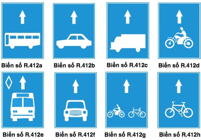Biển báo R.412 hướng dẫn làn đường dành riêng cho từng loại xe, giúp tránh lỗi sai làn.