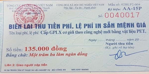 Biên lai thanh toán lệ phí cấp bằng lái xe B2