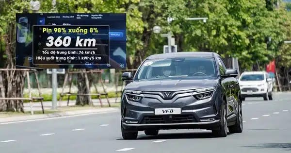 Biểu đồ tiêu thụ năng lượng của VinFast VF8 trên mỗi 100km, liên quan đến dung lượng pin