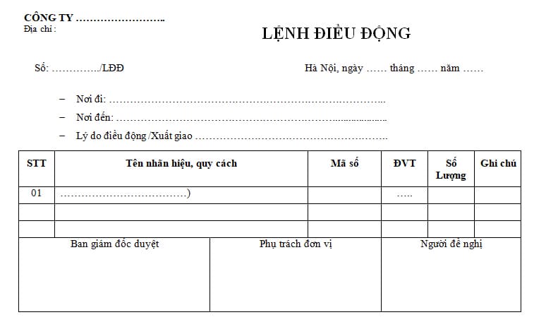 Biểu mẫu lệnh điều động vận chuyển hàng hóa nội bộ cho xe tải van.