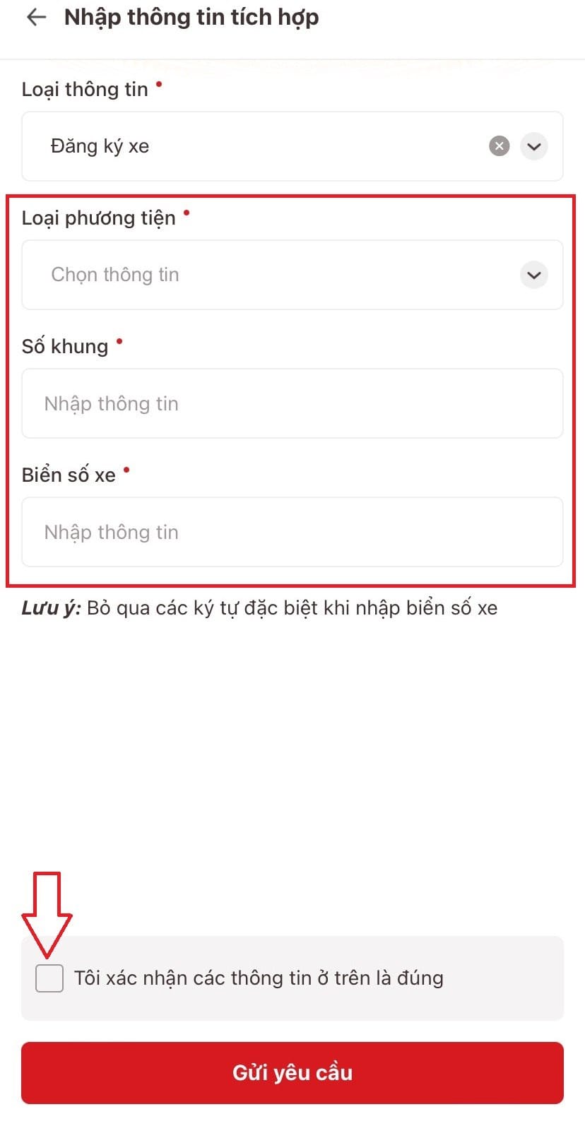 Biểu mẫu nhập thông tin chi tiết để tích hợp đăng ký xe vào VNeID