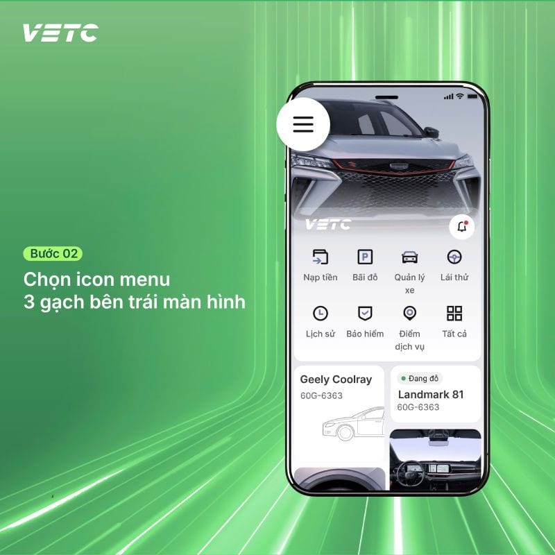 Biểu tượng menu được chọn trên ứng dụng VETC