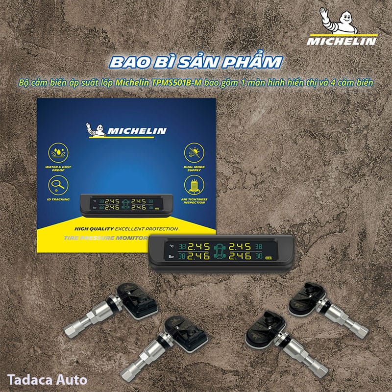 Bộ sản phẩm cảm biến áp suất lốp Michelin 501B-M đầy đủ