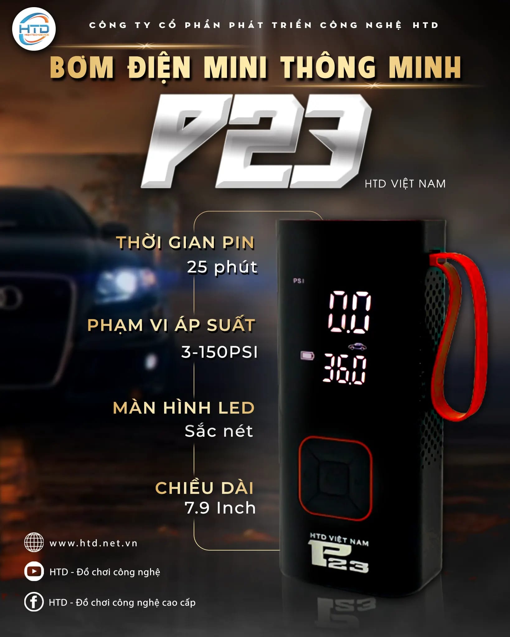 Bơm điện xe máy với màn hình hiển thị kỹ thuật số rõ nét