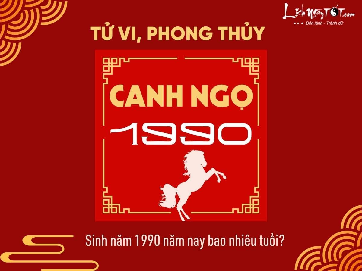 Bức tranh mô tả tổng quan về người sinh năm 1990, bao gồm con giáp ngựa, mệnh Lộ Bàng Thổ và các yếu tố tử vi quan trọng khác.