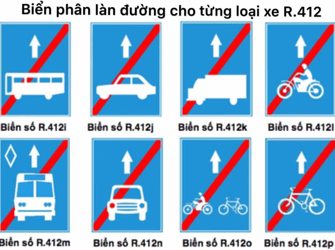 Các biển báo hiệu lệnh R.413 "Kết thúc làn đường dành cho" xe khách, ô tô con, xe tải, xe máy, với vạch đỏ gạch chéo báo hết hiệu lực.