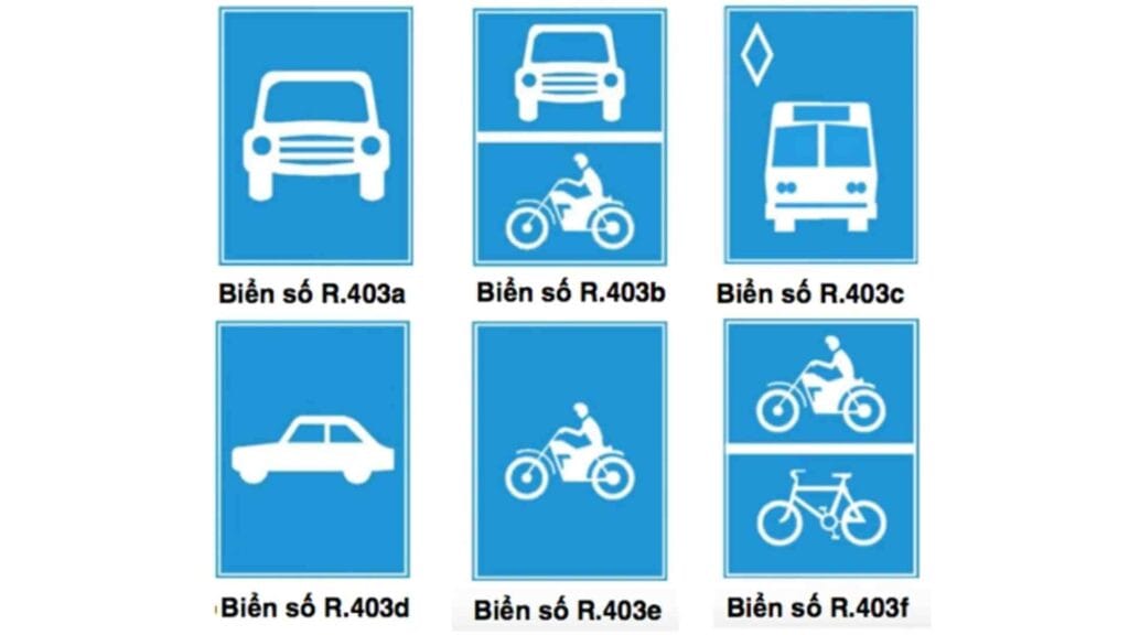 Các biển hiệu lệnh R.403 chỉ dẫn loại phương tiện được phép đi