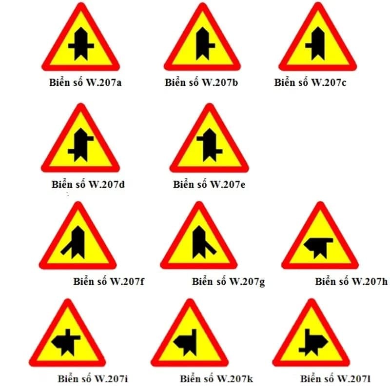 Các biến thể của biển báo W.207 giao với đường không ưu tiên chỉ dẫn tại các nút giao phức tạp