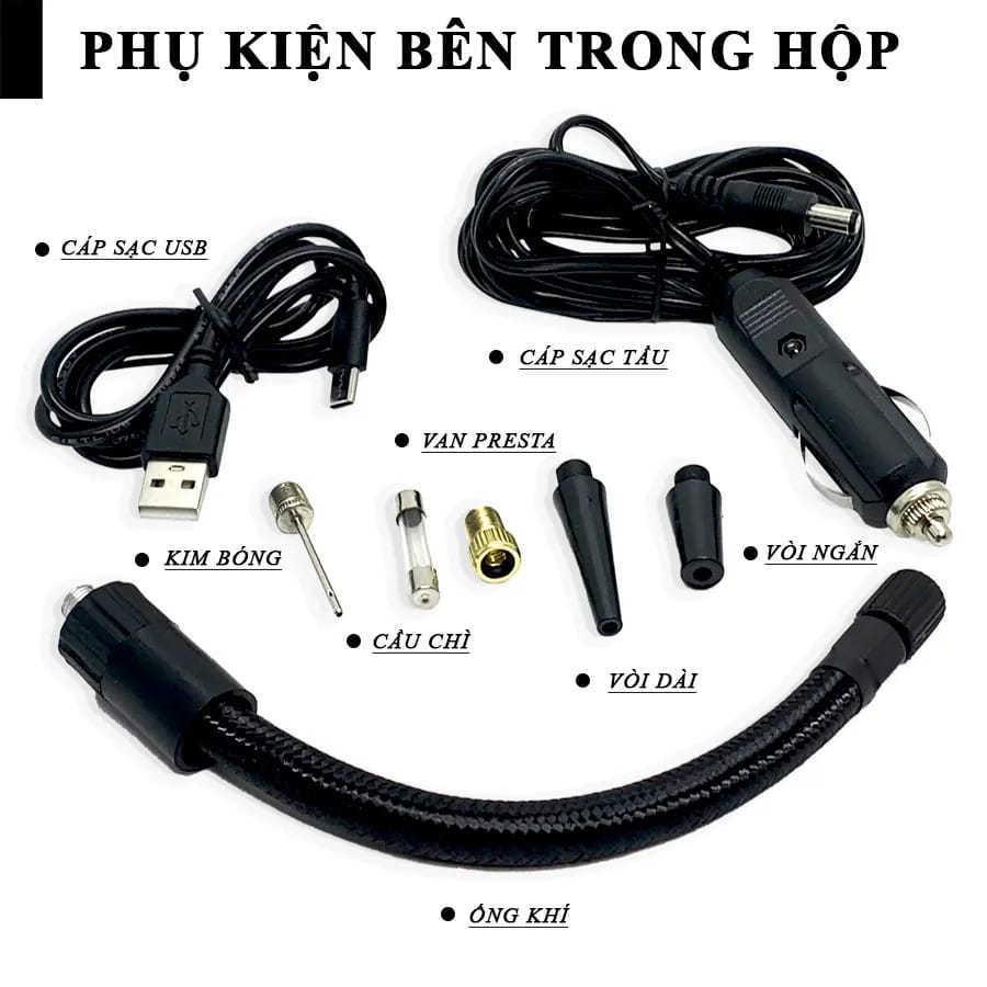 Các phụ kiện đi kèm khi mua bơm điện xe máy