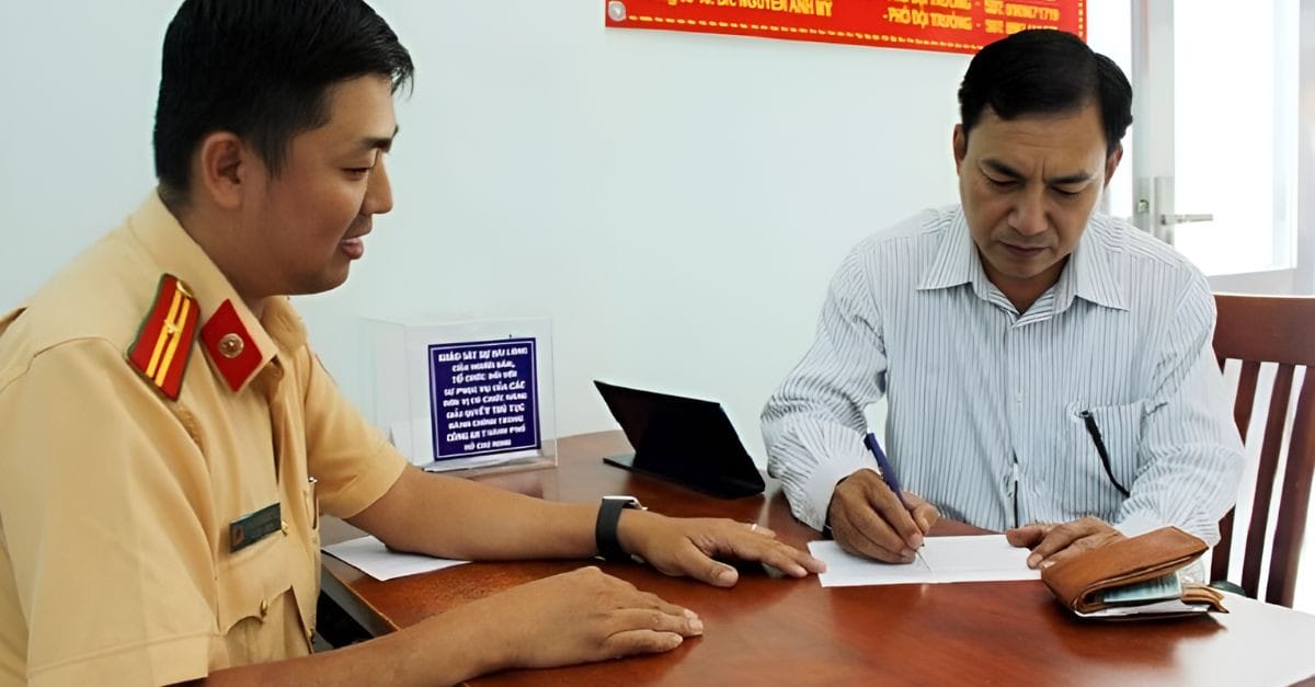 Cán bộ công an kiểm tra và đối chiếu giấy tờ đăng ký xe biển số 22