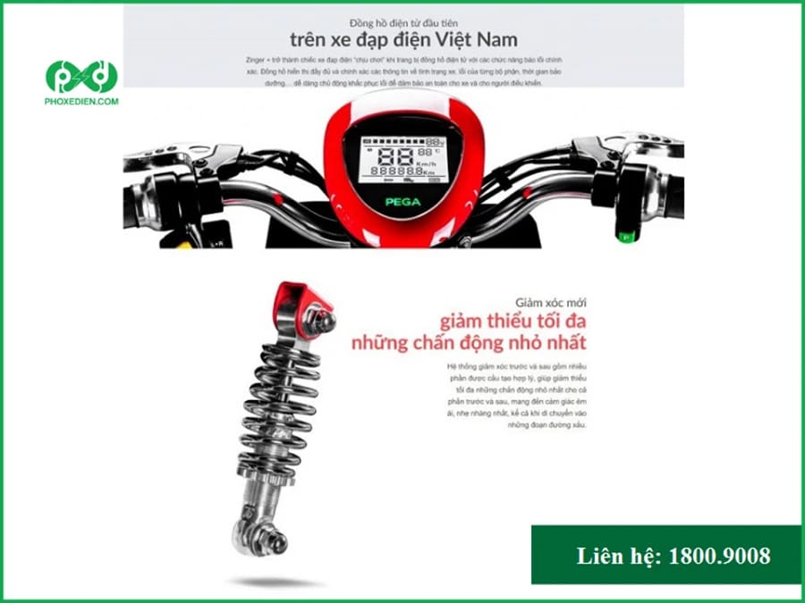 Cận cảnh đồng hồ hiển thị và hệ thống giảm xóc của xe điện Pega, minh họa tính năng an toàn.