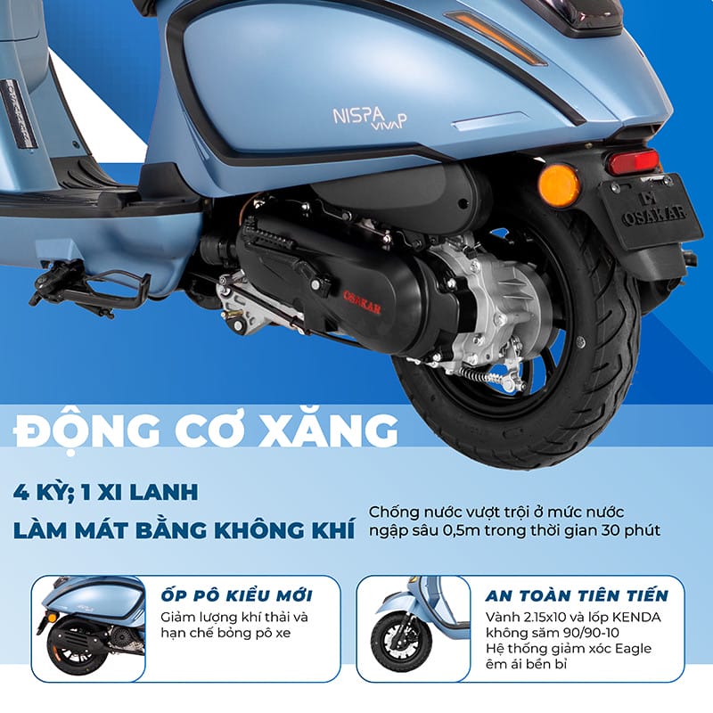 Cận cảnh phần động cơ và thiết kế chi tiết của xe OSAKAR Nispa Viva P, thể hiện hiệu suất vận hành và độ bền của xe 50cc.