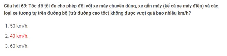 Câu hỏi về tốc độ tối đa của xe gắn máy trong khu dân cư
