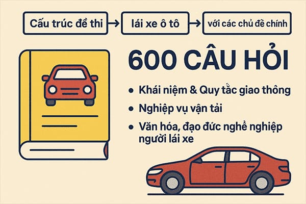 Cấu trúc đề thi lý thuyết ô tô 600 câu hỏi, minh họa các chủ đề chính và phân bổ kiến thức luật giao thông đường bộ