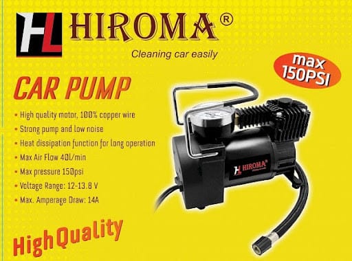 Chi tiết máy bơm xe mini Hiroma với các phụ kiện đi kèm