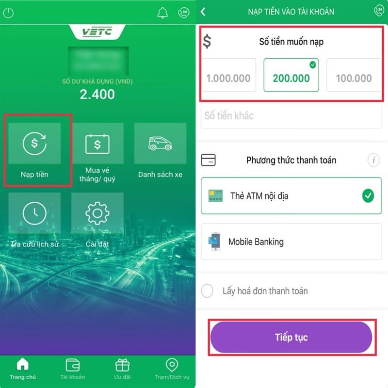 Chọn số tiền cần nạp và phương thức thanh toán trên ứng dụng VETC