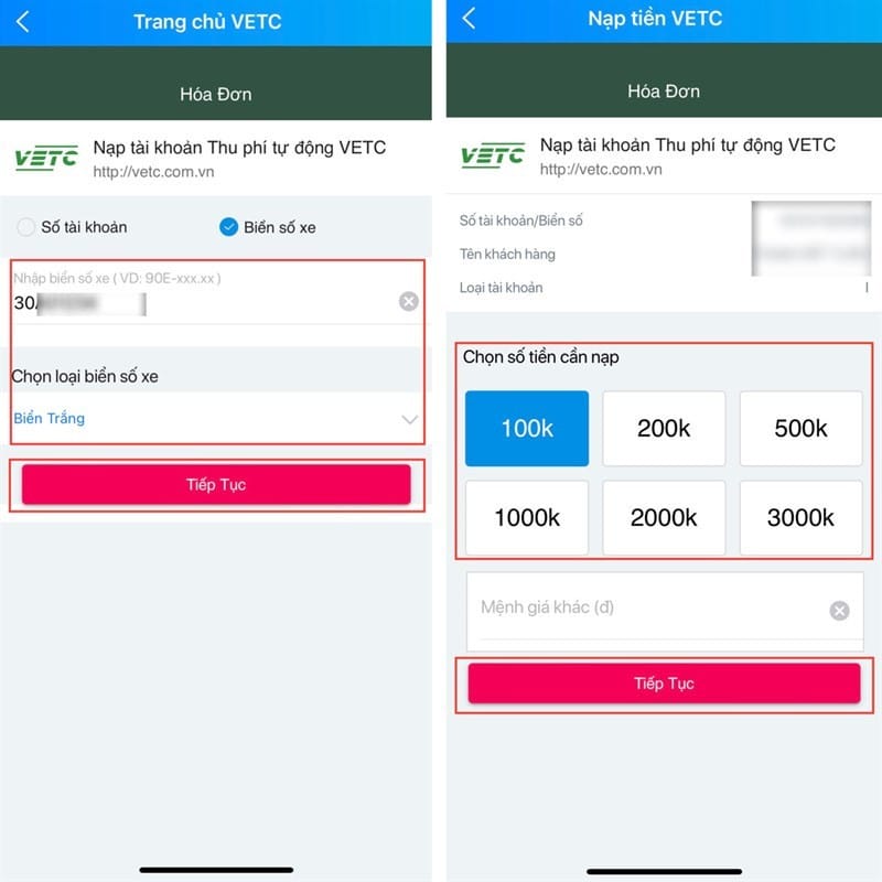 Chọn số tiền cần nạp vào tài khoản VETC trên ứng dụng ZaloPay