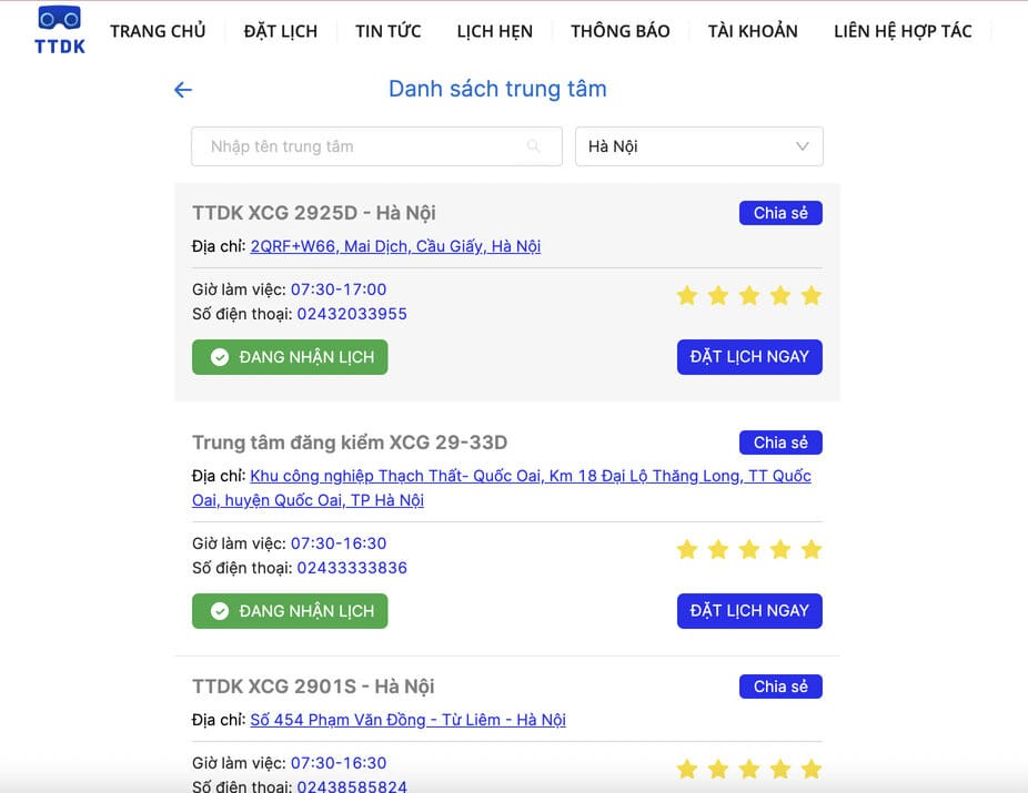 chọn trung tâm kiểm định khi đăng ký đăng kiểm xe ô tô online