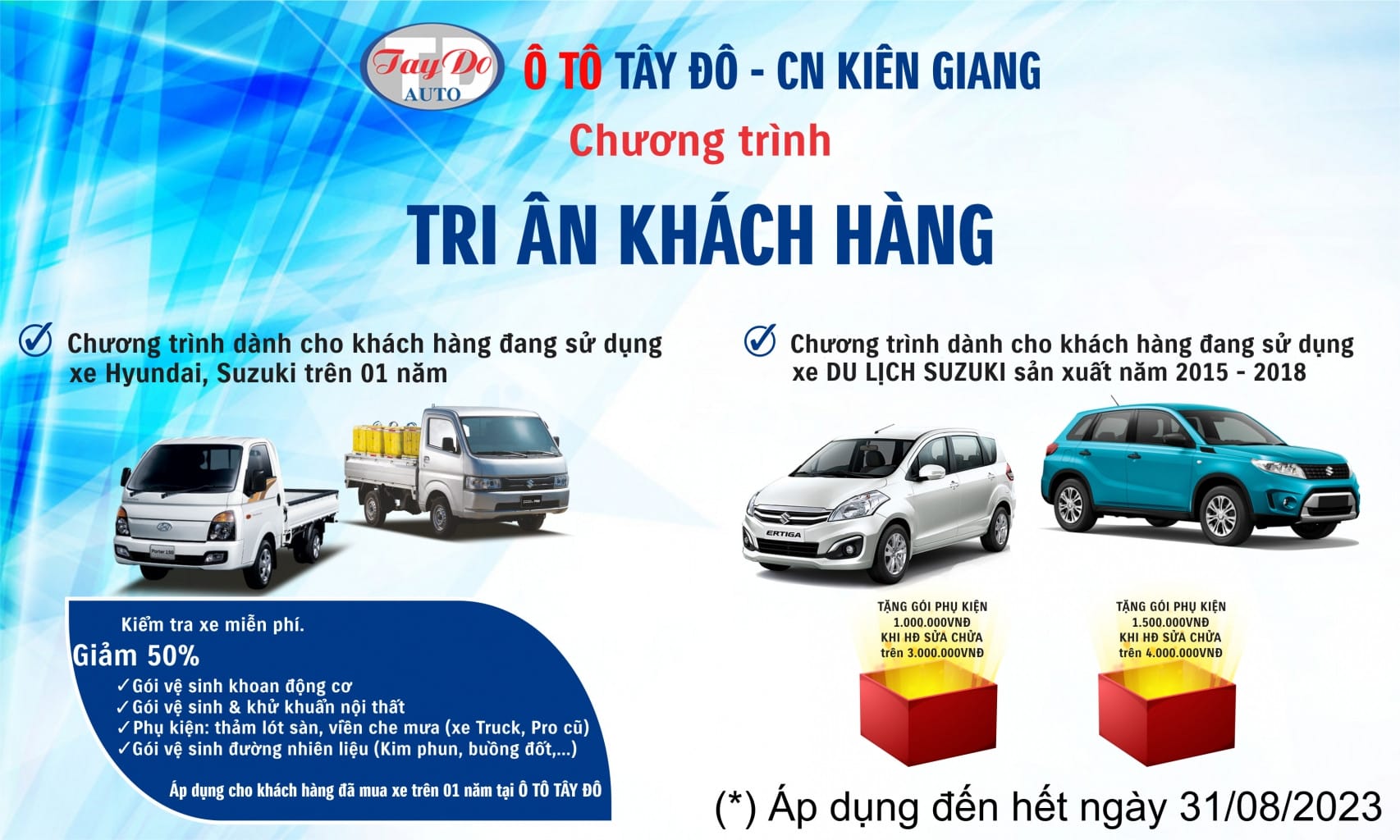 Chương trình khuyến mãi dịch vụ kiểm tra và bảo dưỡng cho xe tải Suzuki, nâng cao trải nghiệm khách hàng.