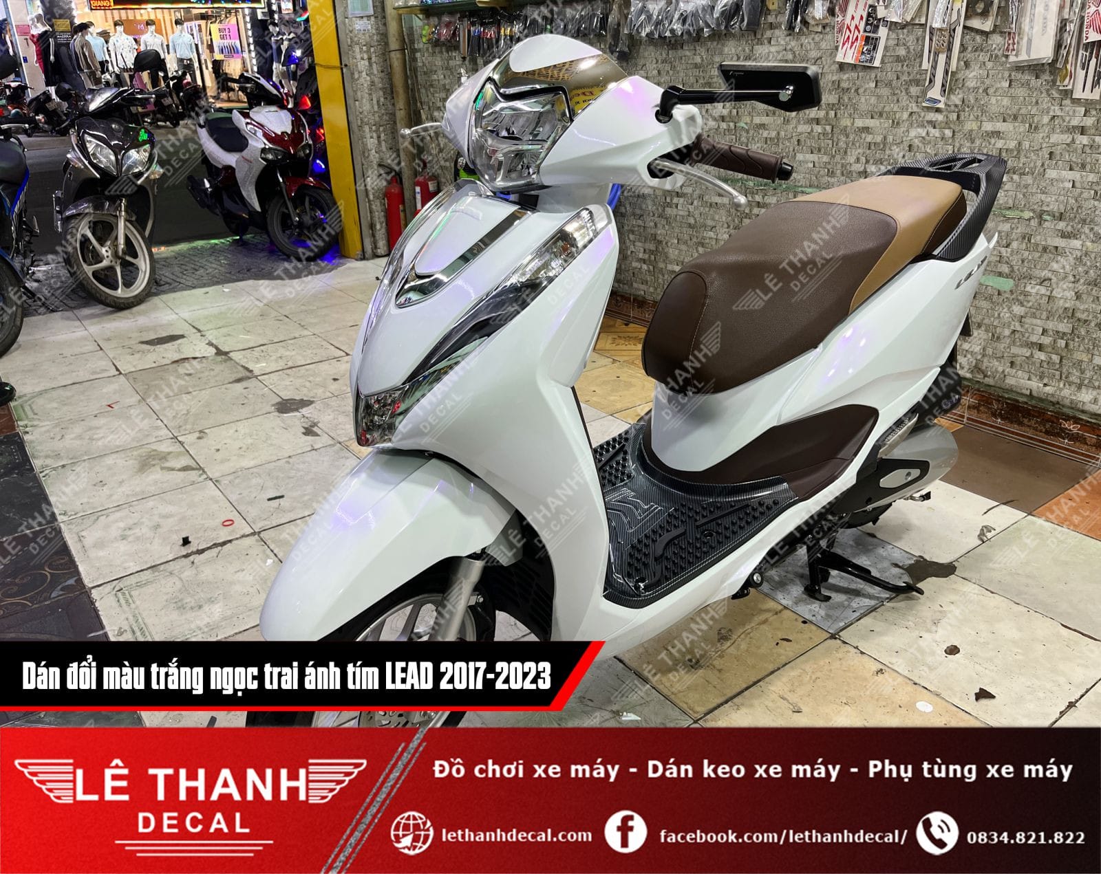 Decal trắng ngọc trai ánh tím cho xe máy