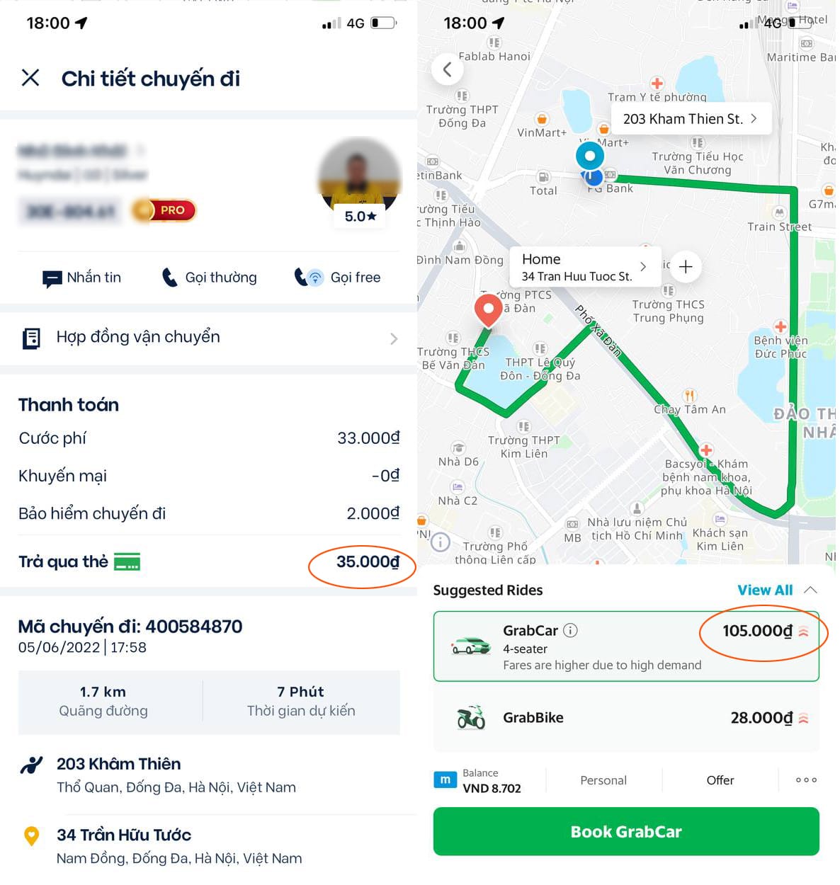 Giá GrabCar 4 chỗ cao hơn BeCar trên cùng lộ trình