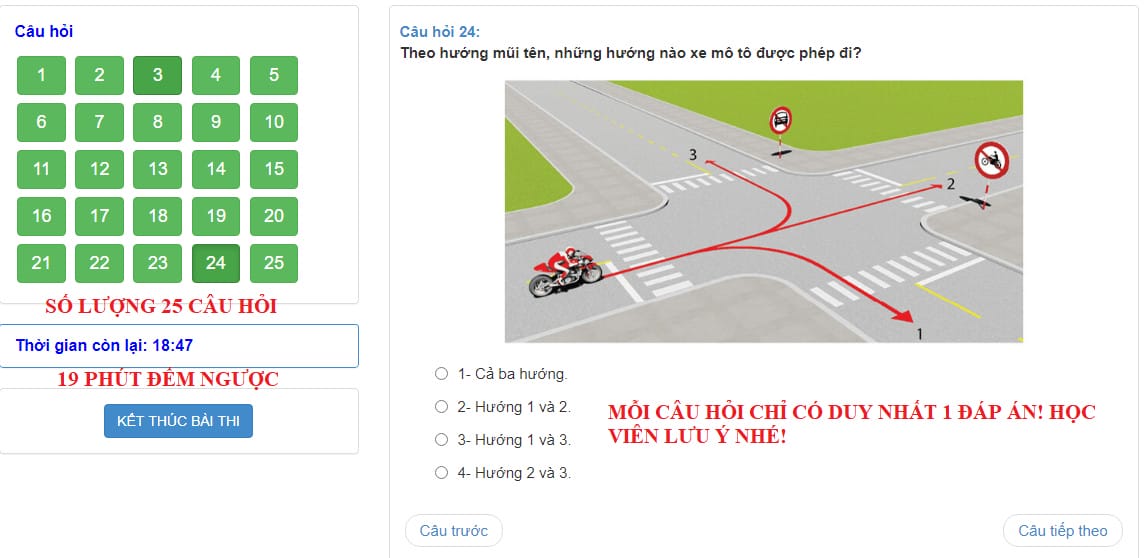 Giao diện cấu trúc bộ đề thi bằng lái xe A2 hiển thị các câu hỏi và đáp án