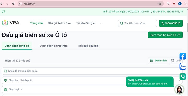 Giao diện chính của website đấu giá biển số xe trực tuyến vpa.com.vn, nơi diễn ra các phiên đấu giá chính thức.