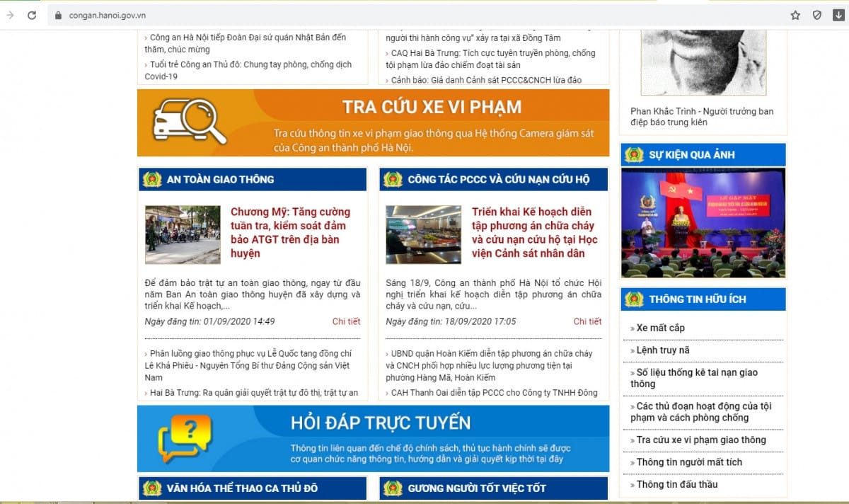 Giao diện chính thức của Cổng thông tin điện tử Công an thành phố Hà Nội để kiểm tra phạt nguội