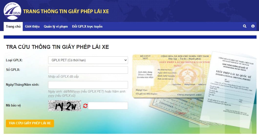 Giao diện chính thức website Cục Đường bộ Việt Nam giúp kiểm tra giấy phép lái xe thật giả online