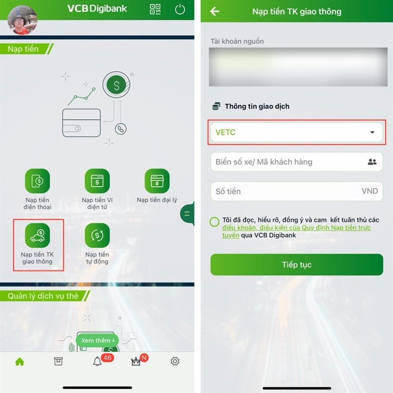 Giao diện chọn dịch vụ VETC và nhập thông tin trên ứng dụng ngân hàng
