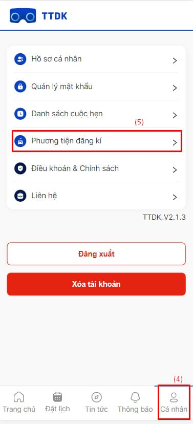 Giao diện chọn phương tiện đăng ký trên TTDK