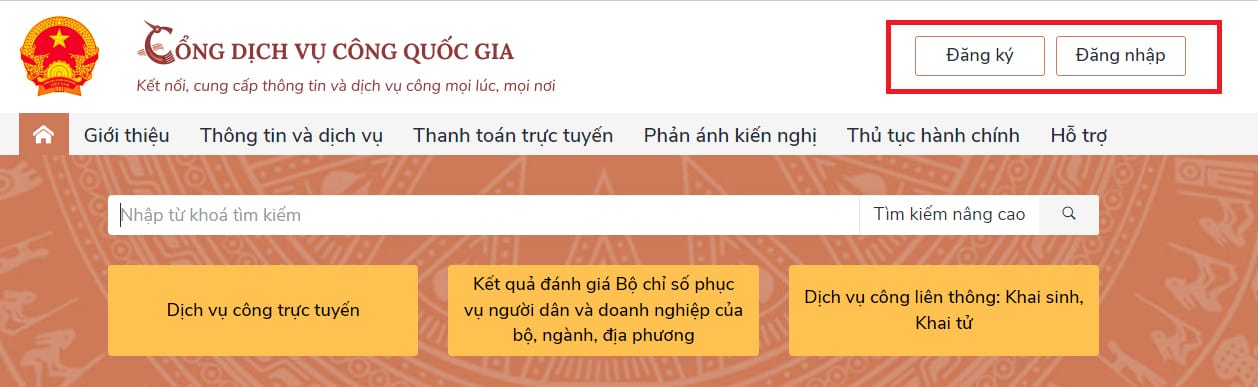Giao diện Cổng dịch vụ công Quốc gia để đăng ký hoặc đăng nhập thực hiện thủ tục cấp lại bằng lái xe máy.