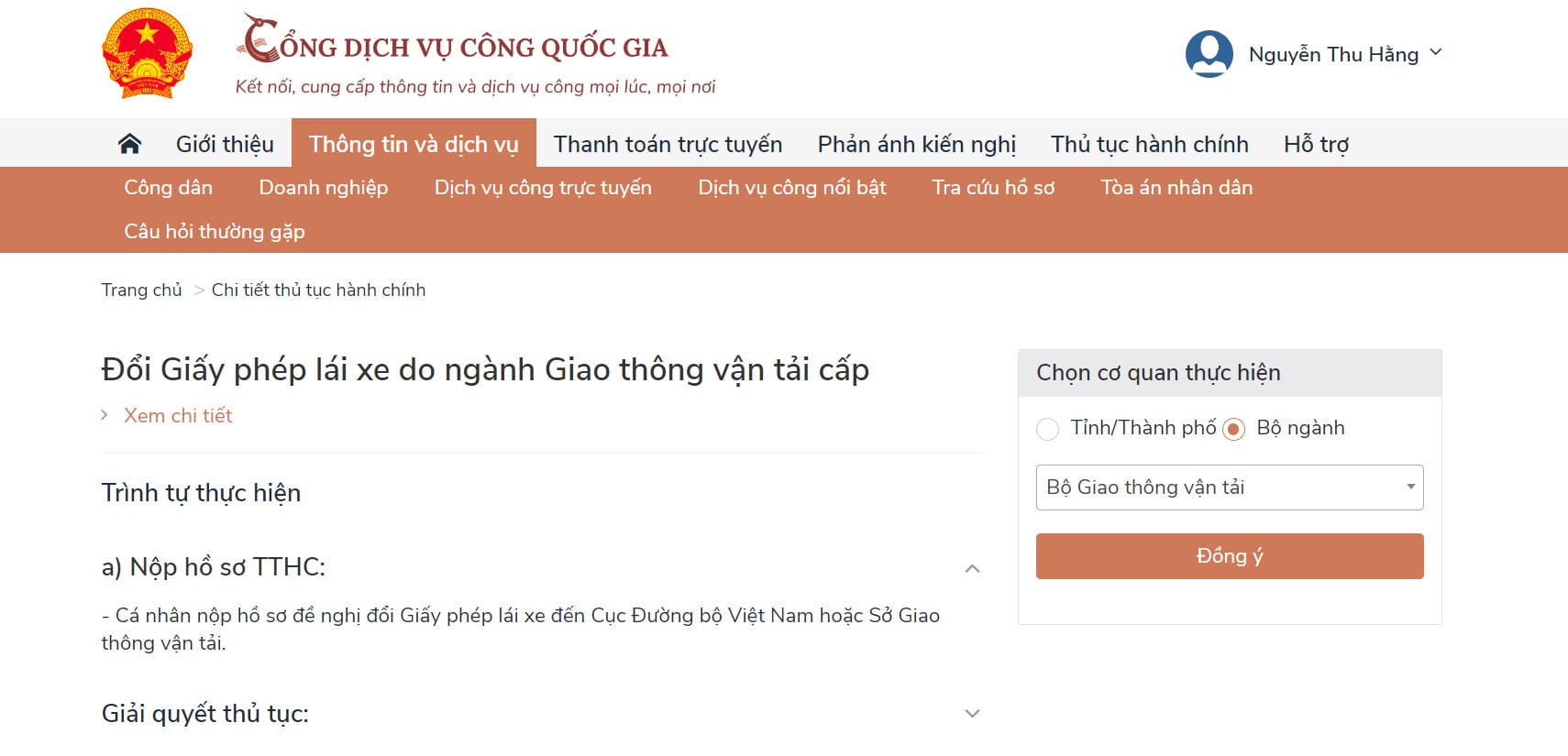 Giao diện Cổng Dịch vụ công Quốc gia khi thực hiện thủ tục đổi giấy phép lái xe máy online sang thẻ PET.