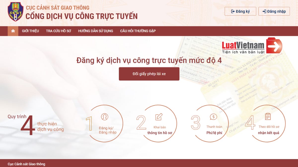 Giao diện Cổng dịch vụ công trực tuyến để đổi GPLX
