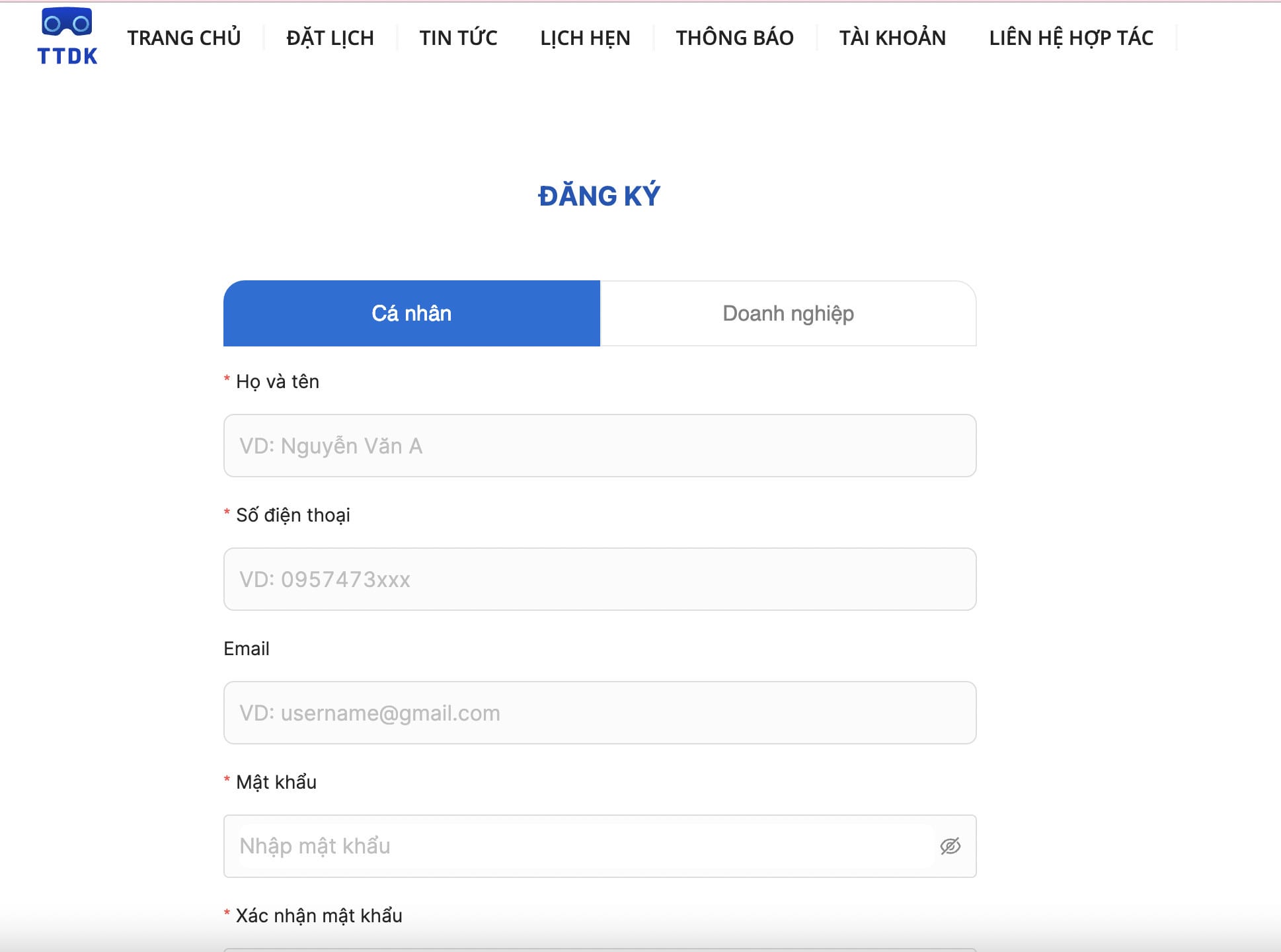 giao diện đăng ký tài khoản để đăng kiểm xe ô tô online